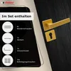 A product image showing a gold door handle set with a list of included items. Produktbild-Vorschau