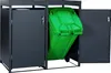 A dark grey metal bin enclosure with one door open, revealing a tilted green trash bin inside. Produktbild-Vorschau