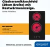 A black glass ceramic cooktop with two red-hot heating elements, positioned on a white and orange background with text. Produktbild-Vorschau