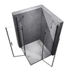 A modern shower enclosure with glass doors and black frames, set against a concrete-like background. Produktbild-Vorschau