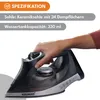 A hand holding a cordless iron with text overlays describing its features. Produktbild-Vorschau