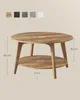 A round wooden coffee table with a lower shelf and dimensions indicated by text labels. Produktbild-Vorschau