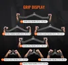 A display of various grip attachments for a cable machine, with hands demonstrating how to hold each one. Podgląd zdjęcia produktu