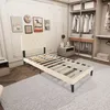 A bedroom scene with a bed frame and an open closet. Produktbild-Vorschau