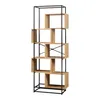 A tall, narrow bookshelf with a black metal frame and wooden shelves of varying sizes and positions. Náhled obrázku produktu