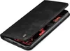 A black flip cover phone case is shown from a diagonal angle, with the cover partially open to reveal the phone screen. Produktbild-Vorschau