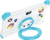 The back of a white children's tablet with blue accents and cartoonish robot stickers. It has a blue ring stand attached. Náhľad obrázku produktu