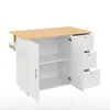 A white kitchen island with a wooden top and open doors and drawers, shown against a white background. Podgląd zdjęcia produktu