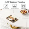 A close-up view of a white round dining table with place settings and a bowl of fruit. Podgląd zdjęcia produktu