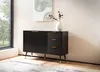 A black sideboard with gold accents is placed in a room with a large window and a piece of abstract art on the wall. Voir les images du produit