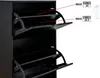 A black shoe cabinet with two open drawers, showing dimensions for shoe size. Náhľad obrázku produktu