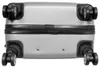 The bottom view of a silver suitcase with black wheels. Produktbild-Vorschau