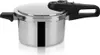 A stainless steel pressure cooker with a black handle and lid mechanism, shown against a white background. Produktbild-Vorschau