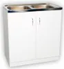 A white sink cabinet with a double stainless steel sink on top. Voir les images du produit