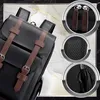 A collage of a black rucksack with brown straps, showing details of zippers, mesh material, and the interior. Produktbild-Vorschau
