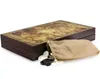A backgammon set with a closed wooden box featuring an antique map design, and a small pouch with game pieces spilling out. Produktbild-Vorschau