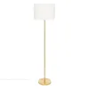 A floor lamp with a gold base and stem, and a white cylindrical lampshade, isolated on a white background. Anteprima dell’immagine prodotto