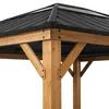 A close-up view of the corner of a wooden gazebo with a black metal roof. Produktbild-Vorschau