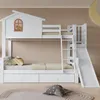 A white wooden bunk bed with a slide and drawers, set up in a child's room. Anteprima dell’immagine prodotto