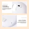 Close-up images of a white product, highlighting its charging port and a button, with German text descriptions. Produktbild-Vorschau