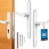 A set of white door handles and lock mechanism components are displayed against a white background, with a portion of a wooden door visible on the left. Produktbild-Vorschau