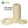 A roll of natural sisal rope with a portion unrolled in front of it, set against a white background. Text and a logo are visible. Produktbild-Vorschau