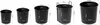 Multiple black planters of varying sizes are displayed with dimensions indicated by measurement lines and text. Produktbild-Vorschau