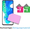 A smartphone with screen protector cleaning supplies next to it. Produktbild-Vorschau