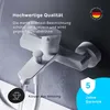 A close-up shot of a white faucet with water flowing from it, set against a textured gray background. Text overlays highlight product features and warranty information. Produktbild-Vorschau
