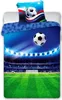 A soccer-themed duvet cover and pillowcase set displayed on a bed. Produktbild-Vorschau