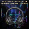 A pair of black gaming headphones are displayed against a vibrant, blurred background of city lights and silhouettes of people. Produktbild-Vorschau