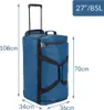 A blue duffel bag with wheels and a telescoping handle, with dimensions indicated by text and arrows. Anteprima dell’immagine prodotto