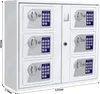 A white electronic lockbox with six compartments, each with a digital keypad and a dial lock. Produktbild-Vorschau