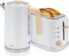 A white electric kettle and a white toaster with bread inside, both featuring wood accents, are displayed against a white background. Produktbild-Vorschau