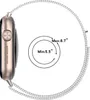 A side view of a smartwatch with a silver Milanese loop band, next to a circular diagram indicating minimum and maximum wrist sizes. Náhled obrázku produktu