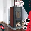 A wood-burning stove with various icons and text overlays, suggesting product features and benefits. Produktbild-Vorschau