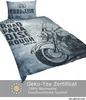 A close-up view of a motorcycle-themed duvet cover and pillowcase set. Produktbild-Vorschau