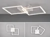 A modern white ceiling light with intersecting square frames, shown from different angles.