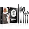 A box of black flatware set with a display of the flatware pieces next to it. Produktbild-Vorschau