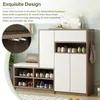 A shoe cabinet with a bench and storage compartments, showcasing its design and features. Produktbild-Vorschau