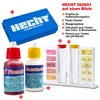 A collection of pool water testing supplies, including a blue storage case, two reagent bottles, and a test tube rack with color charts. Produktbild-Vorschau