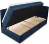 A blue upholstered bed frame with the storage compartment open, revealing the mattress and internal wooden supports. Produktbild-Vorschau