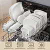 A dishwasher rack filled with white ceramic dishes and cups. Produktbild-Vorschau