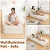 A collage showing a multifunctional folding sofa in different configurations: as a sofa, as a lounge chair, and as a bed. The product is shown in a domestic setting. Podgląd zdjęcia produktu