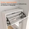 A white shoe cabinet with open flip-down drawers, showing dimensions and storage capacity. Produktbild-Vorschau