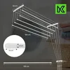 A white ceiling-mounted clothes drying rack is shown, with dimensions and details highlighted. A basket of folded laundry and a logo are visible in the background. Anteprima dell’immagine prodotto