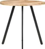 A round wooden table with three black metal legs, shown against a white background. Anteprima dell’immagine prodotto