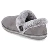 A single gray slipper with faux fur trim and a button detail, shown from a side-rear angle on a white background. Produktbild-Vorschau