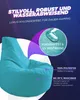 A teal beanbag chair is shown with marketing text highlighting its features. Produktbild-Vorschau