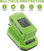 A green battery charger with a green battery pack inserted, set against a white background. Text and icons indicating multiple protection features are displayed above the product. Produktbild-Vorschau